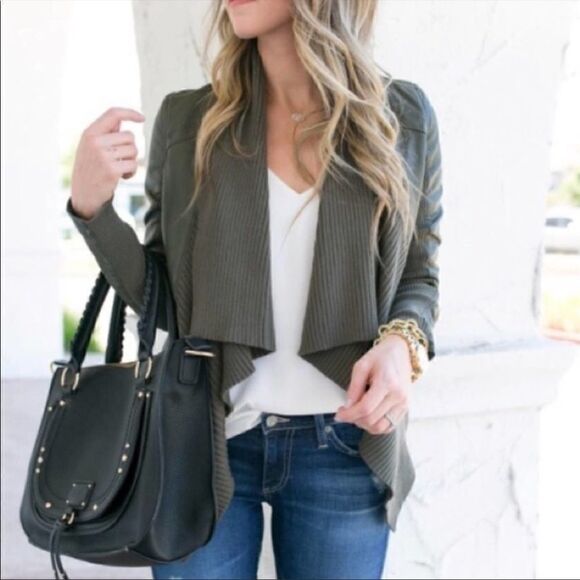 Blank NYC Olive Green Drape Wrap Front Mixed Media Faux Leather Jacket Sz XS - Picture 9 of 10